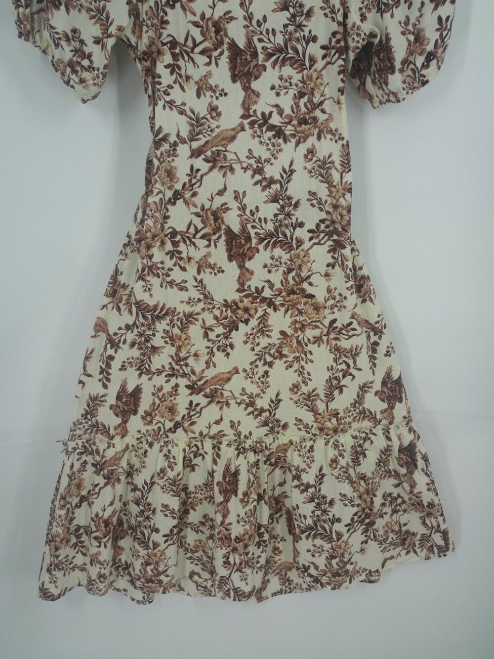 JUST FOUND Cottagecore Boho Floral Bird Print Puff Sleeve Midi Dress Square Neck - Picture 8 of 13